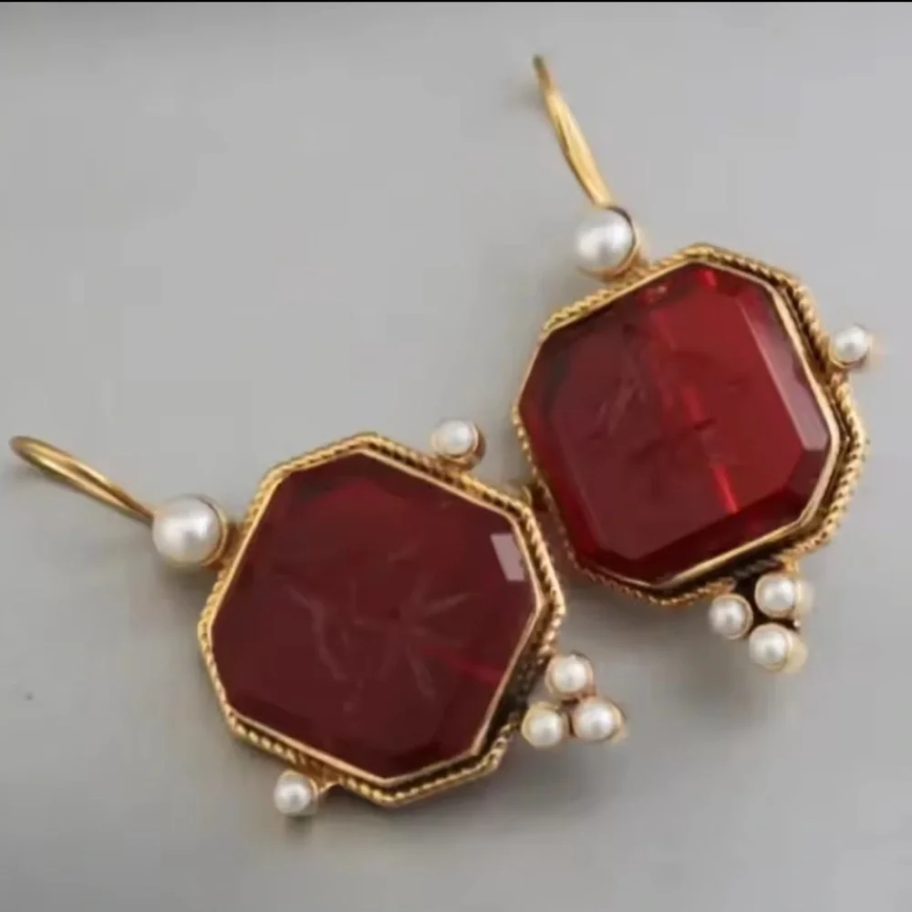 Anthropologie Gold and Deep Red Earrings